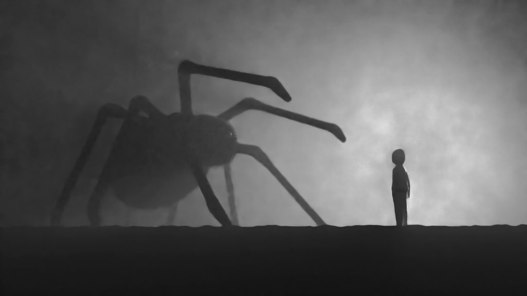Enfant face à une araignée dans le brouillard